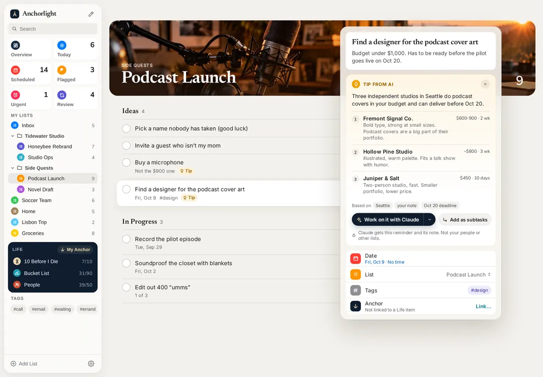 A reminder with a tip from AI: three design studios within budget, and a button to work on it with Claude.