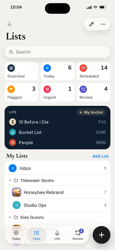 Lists on iPhone: smart lists, your Life lists and all projects.