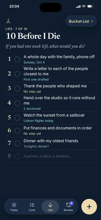 10 Before I Die on iPhone, with seven lines written and one still open.