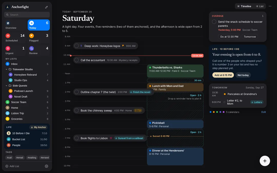 Anchorlight on the web in dark mode: Today as a timeline, with a nudge to use a free evening for something on 10 Before I Die.