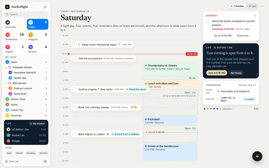 Anchorlight on Mac: Saturday’s timeline with four events, five reminders and the afternoon wide open.